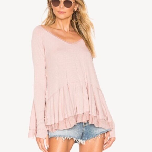 Free People Pale Pink Mauve Ruffled Hem Long Sleeve Tunic Top - Picture 1 of 16